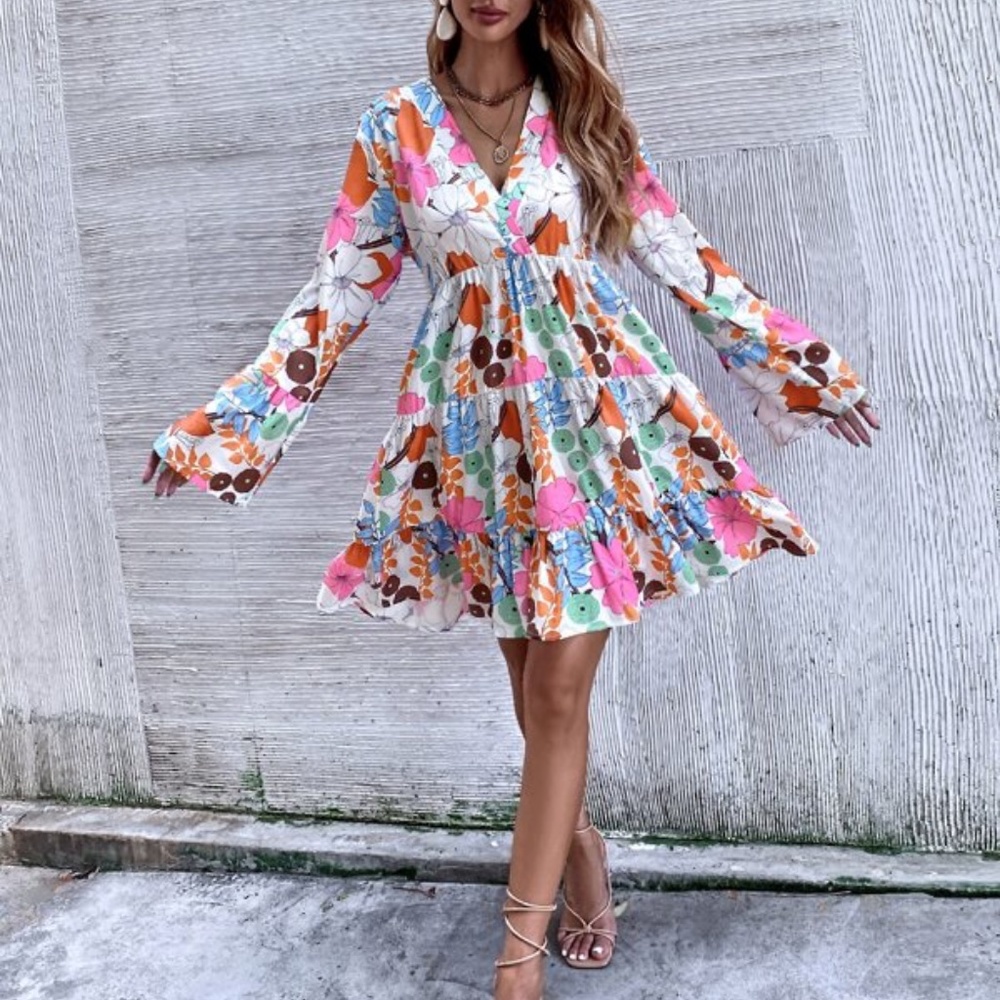 Boho Pink Floral Print Smock Ruffle Mini Dress - Picture 3 of 6